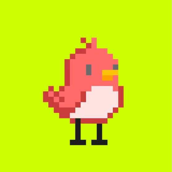 A simple pixel art illustration of a pink and white bird standing on black legs against a bright green background.