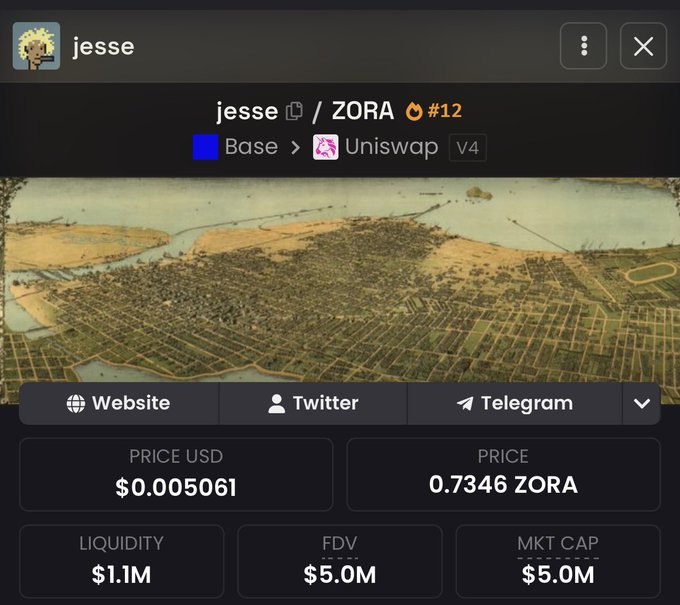 The image shows a token information panel for "jesse" (ticker $JESSE) on the Base network via Uniswap v4, displaying a price of $0.005061 USD (0.7346 ZORA), liquidity of $1.1M, and a market cap of $5.0M under a vintage aerial cityscape. This relates to the post by highlighting $JESSE as a "Next Moon" candidate alongside $BRIAN, which has reportedly reached $25M market cap, while $JESSE is positioned as the next potential runner in the Base ecosystem.