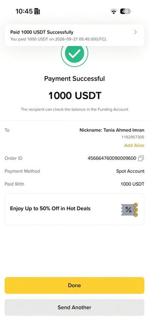 The image shows a successful Binance payment confirmation of 1000 USDT sent to nickname "Tania Ahmed Imran" (UID: 1192957305), with order ID 456664760090009600, paid from a Spot Account—matching one of the three $1000 transfers the poster promised to Binance UIDs in the caption.