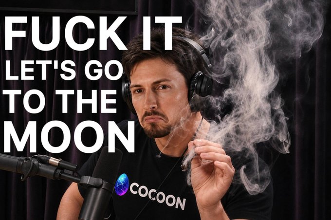 A man wearing headphones and a black "COCOON" shirt smokes from a hookah while holding a microphone, with bold text reading "FUCK IT LET'S GO TO THE MOON".