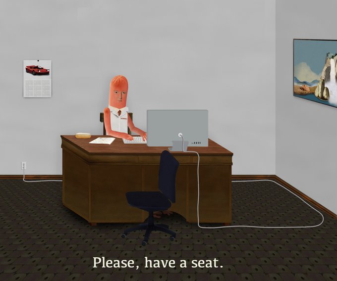 A minimalist illustration of a person with orange hair sitting at a wooden desk working on a computer in an office, with the caption 'Please, have a seat.'