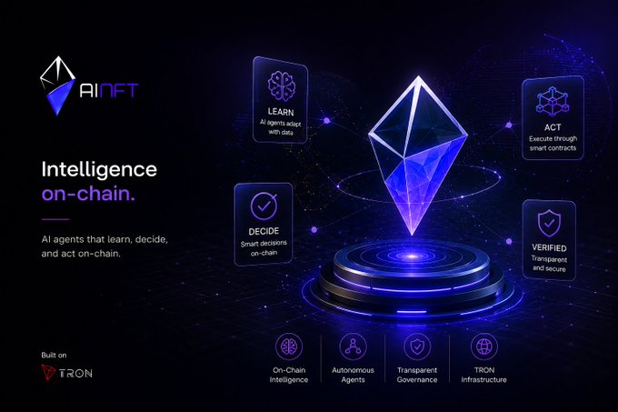 An AiNFT promotional slide titled 'Intelligence on-chain' featuring a purple Ethereum logo highlighting AI agents that learn, decide, and act on-chain, with TRON network infrastructure.