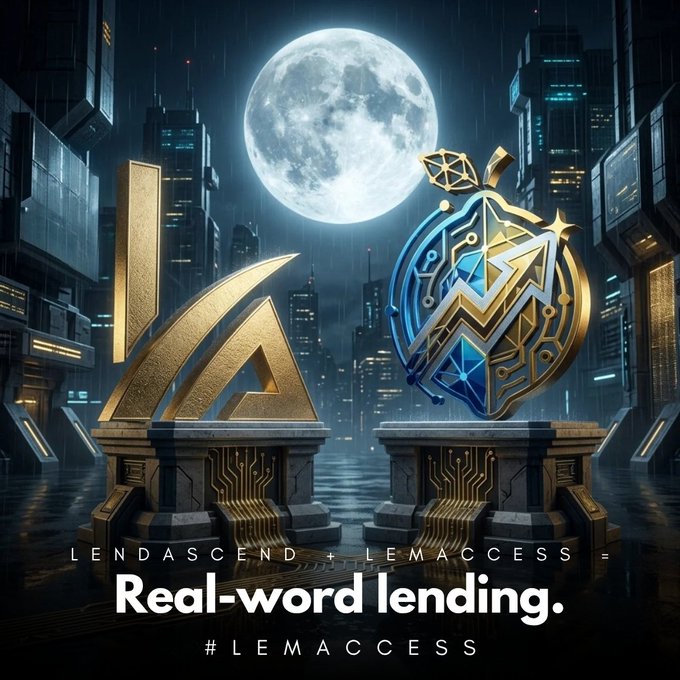 A promotional graphic for LendaSCEND and Lemaccess featuring a golden number '4' and a tech-styled blue and gold emblem on pedestals against a nighttime cityscape with a full moon, with text reading 'Real-word lending.' and '#LEMACCESS'.