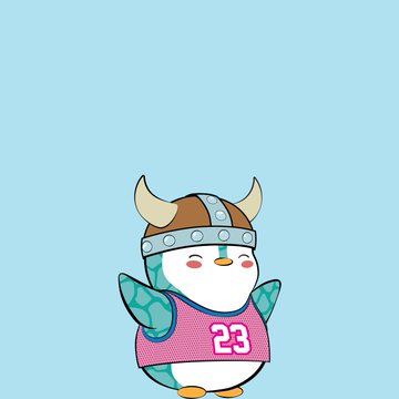 A cute cartoon penguin wearing a Viking helmet and a pink basketball jersey with the number 23, matching the Viking-themed character style of the LilPudgys x P3NGS NFT collaboration.