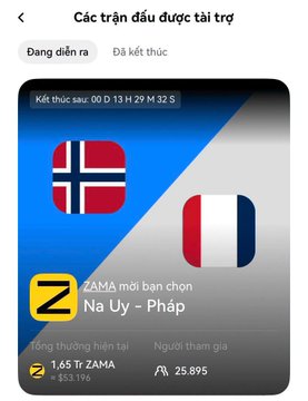 A ZAMA prediction market event for Norway vs. France is displayed with 1.65 ZAMA total sponsorship and 25,895 participants, ending in 13 hours, which the poster uses to claim 300 XP rewards from the ongoing OKX Outcomes reward pool.