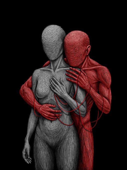 The image features a black background with two figures, one gray and one red, standing close together against this backdrop. The gray figure has their arms wrapped around the red figure's torso, creating an intimate and affectionate scene. The caption of the image reads "Gm happy #TezosTuesday New Drop on @objktcom Entangled 5/10 $XTZ". This suggests that the image is related to a social media post or a discussion about art, as it uses the terms "Gm happy" and "@objktcom" in the caption.