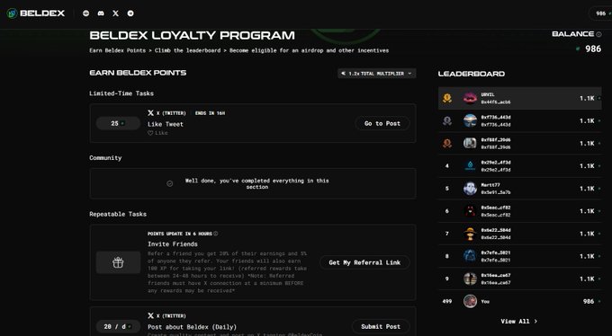 A screenshot of the 'BELDEX LOYALTY PROGRAM' interface displaying tasks like 'Like Tweet' and 'Post about Beldex', along with a leaderboard and user points.