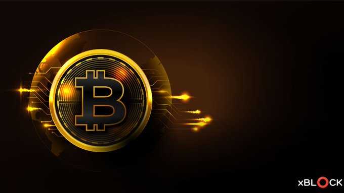 A glowing golden Bitcoin coin emblem on a dark background with circuit-like design elements and the 'XBLOCK' logo in the corner.