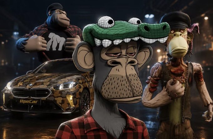 A trio of animated ape characters, including one wearing a green crocodile hat and another in a flat cap, pose alongside a camouflaged BMW labeled "ApeCar" against a moody cityscape backdrop, illustrating the Bored Ape Yacht Club member RidazLp2's journey referenced in the accompanying post.