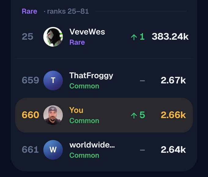 A leaderboard interface showing user tiers including 'VeveWes' (Rare, rank 25, 383.24k) and the user 'You' at rank 660 (Common, 2.66k), just above 'worldwide...' at rank 661.