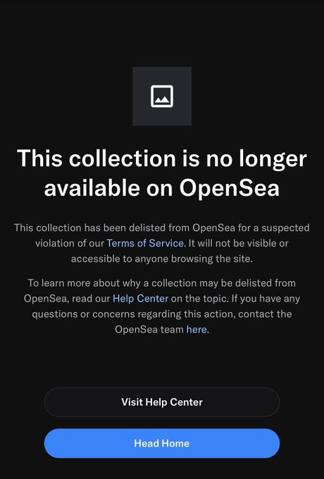 A dark error page from OpenSea stating 'This collection is no longer available on OpenSea,' explaining the NFT collection has been delisted for a suspected Terms of Service violation, with options to visit the Help Center or head home.