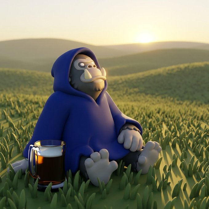 A 3D-rendered gorilla wearing a blue hoodie sits in a grassy field at sunset next to a glass mug of dark beverage.