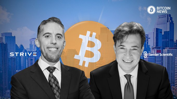 Two smiling men in suits appear alongside "Strive" and "Semler Scientific" logos flanking a large Bitcoin symbol against a city skyline, with a "Bitcoin News" logo in the corner. The image relates to the post by visualizing the leadership behind Strive's significant Bitcoin acquisition of 3,311 BTC, which elevated the company to the fifth-largest publicly traded corporate Bitcoin holder.