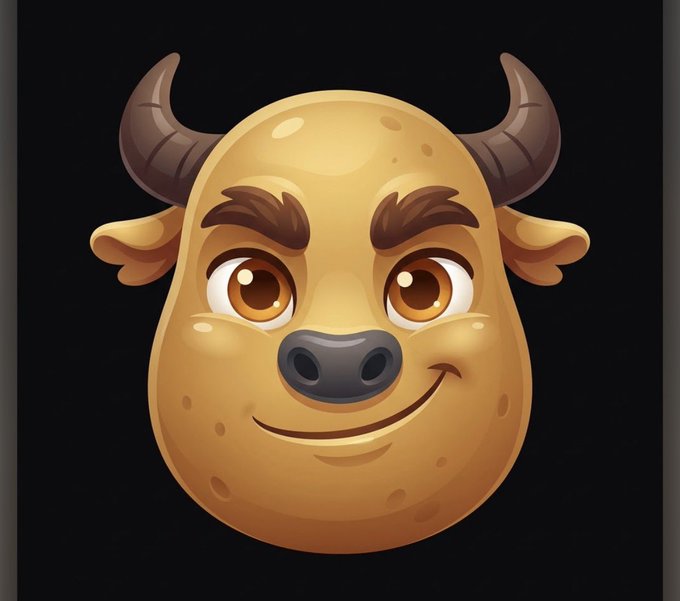 A cartoon emoji-style illustration of a smiling tan bull's head with brown horns and eyebrows against a black background.