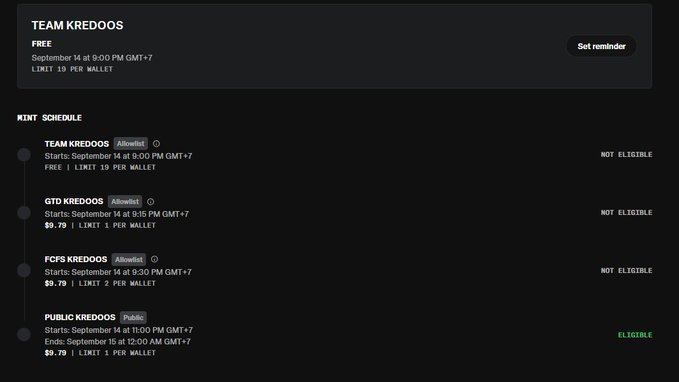 A dark-themed website interface showing a 'TEAM KREDOOS' mint schedule, listing various mint events with dates, prices, and eligibility status, including one marked 'ELIGIBLE' for 'PUBLIC KREDOOS'.