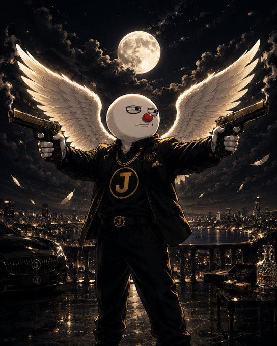 A dramatic digital artwork showing a figure in a black suit with a clown nose and wings, dual-wielding pistols under a full moon with a 'J' logo on the chest.