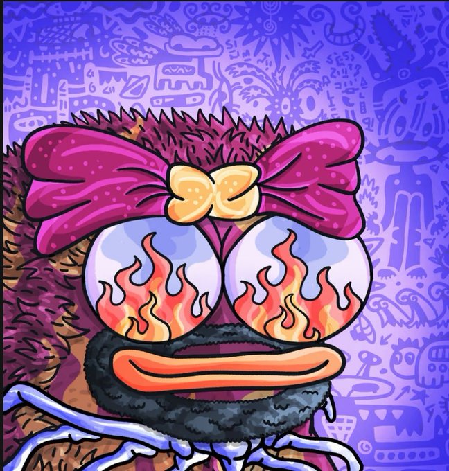 A colorful cartoon illustration of a furry monster character with a pink bow, blue aviator sunglasses reflecting flames, and a duck-like bill, against a purple patterned background.