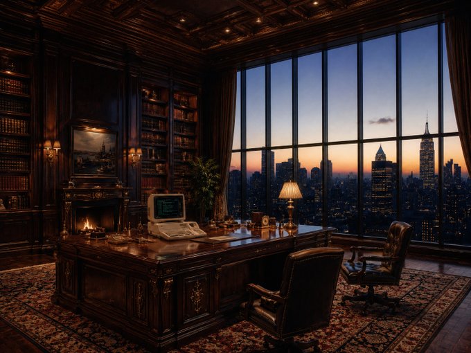 A luxurious wood-paneled office with floor-to-ceiling windows overlooking a sunset city skyline, featuring a vintage computer terminal on an ornate desk with code visible on its screen—evoking a power-user's coding environment where achieving 1,000 tokens per second would make building here feel as seamless as the commanding view.