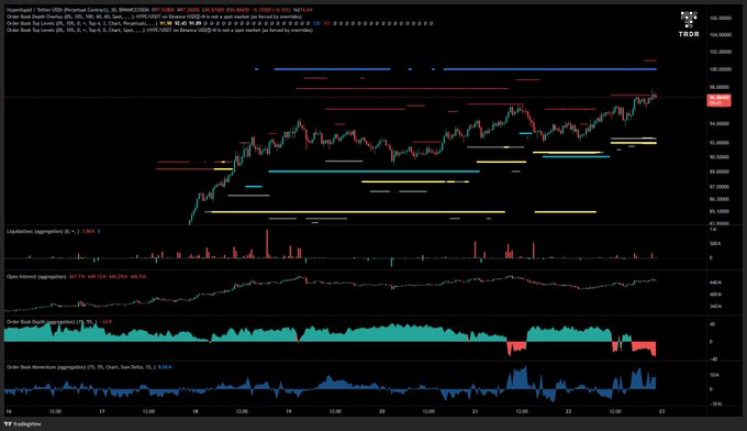 A TradingView chart displaying Hyperliquid (HYPE/USD) on the 30-minute timeframe, featuring candlestick price action, liquidation aggregations, Open Interest, Order Book depth, and Order Book Momentum indicators.