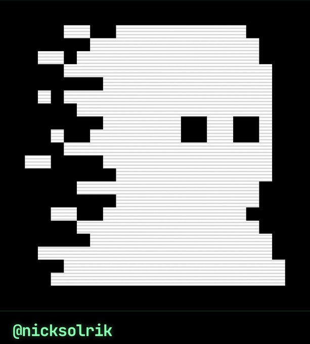 A pixel art image displays a stylized white face or skull on a black background with horizontal line effects, credited to '@nicksolrik' at the bottom.