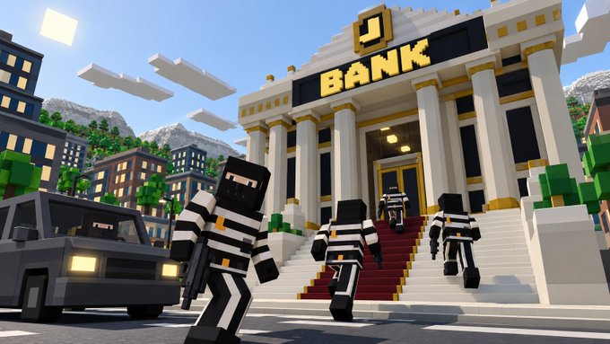 A Minecraft-style rendering shows blocky characters in striped outfits and ski masks in front of a 'BANK' building with white columns.