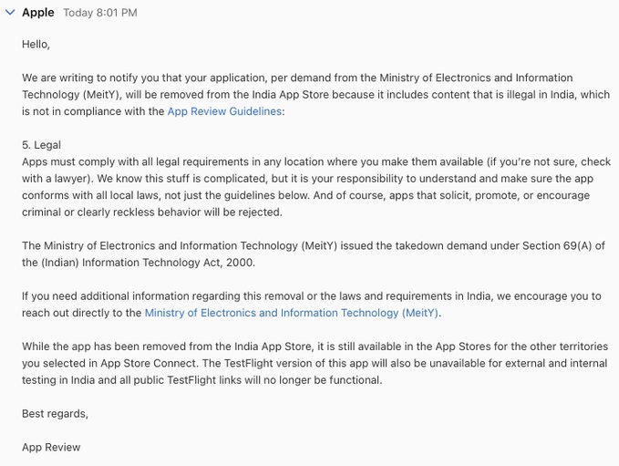 An email notification from Apple App Review informing a developer that their application has been removed from the India App Store at the demand of the Ministry of Electronics and Information Technology (MeitY) under Section 69(A) of the IT Act, 2000.