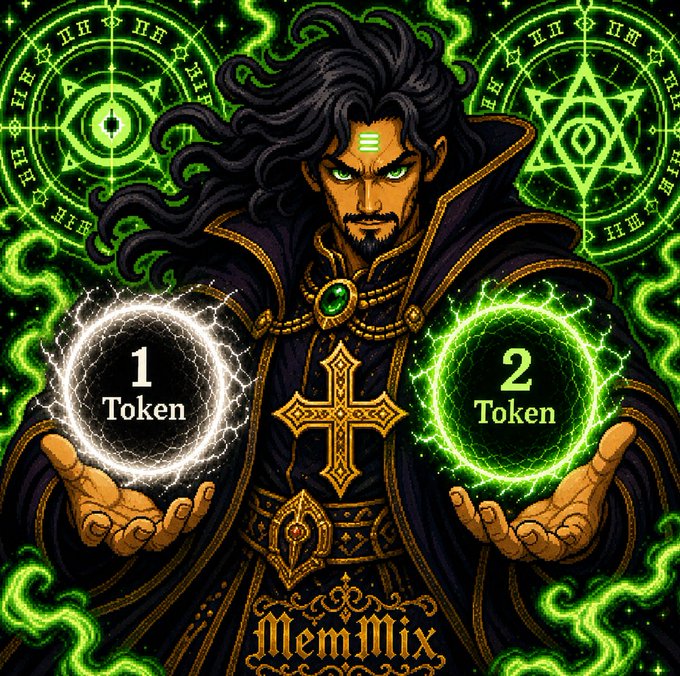 A mystical fantasy illustration of a dark-haired sorcerer holding two glowing orbs labeled '1 Token' and '2 Token' against a green magical background, branded with 'MemMix'.