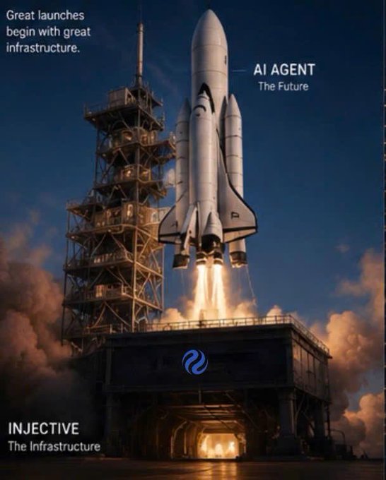 The image depicts a space shuttle launching from a launch pad, with text reading "Great launches begin with great infrastructure," "AI AGENT The Future," and "INJECTIVE The Infrastructure." The visual metaphor aligns with the post's message by positioning Injective as the foundational launch pad enabling AI agents to take off, rather than just another project building an AI agent itself.