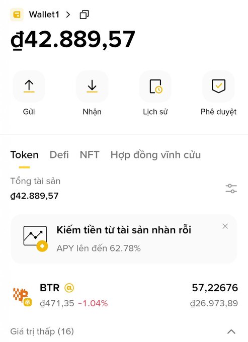 A cryptocurrency wallet app screenshot in Vietnamese showing a balance of ₫42,889,57 with navigation options for sending, receiving, history, and approval, along with a BTR token holding value of ₫26,973.89.