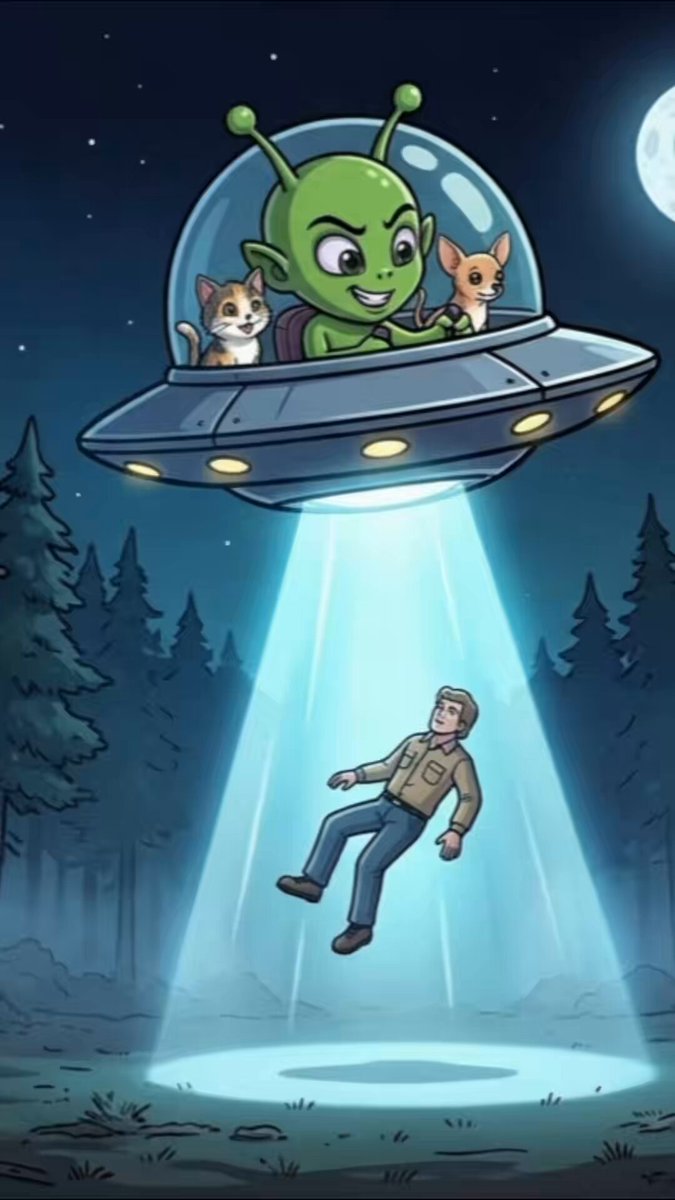 The image features a cartoon scene of an alien, a man, and two cats riding an ufo (universe explorer) through space. The cat is sitting inside the ufo while the man sits outside. They are all floating above a forest area with trees in the background. The caption reads "GN #AWEINS #Cardano #Snekdotfun #Memecoin #GN #Alien #Crypto #Mencoinszn." This post seems to be related to the image, possibly as part of a meme or social media post featuring the cartoon scene.
