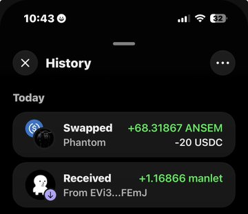 A mobile screenshot of a crypto transaction history showing a swap on Phantom wallet, where 20 USDC was exchanged for 68.31867 ANSEM, illustrating the user's recent $20 purchase of ANSEM mentioned in the post.