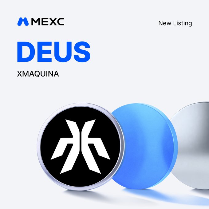 The image features a blue and white logo for the cryptocurrency DEUS. The logo consists of a black "K" with a white "X" underneath, set against a white background. Below the logo, there are three circles arranged vertically - one silver circle on top, another silver circle in the middle, and a third silver circle at the bottom. The text above the image reads "MEXC New Listing With Convert Feature!   $DEUS @xmaquina ... Deposit: Opened ... Trading: May 27, 2026, 13:00 (UTC)".