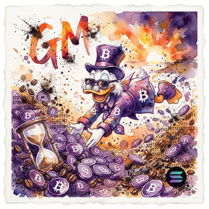 Watercolor-style illustration of Scrooge McDuck wearing a Bitcoin-themed top hat and purple suit, crawling through a massive pile of purple Bitcoin coins next to an hourglass, with the Solana logo in the corner.