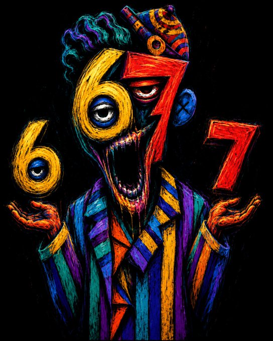 The image features a colorful illustration of a man with a face painted in shades of purple, green, yellow, orange, and red. The man has his mouth open wide as if he's shouting or roaring. He is wearing a striped jacket that stands out against the black background. The art style appears to be cartoon-like, giving it a playful and whimsical feel. The post mentions an artwork by the character "67GUY", which could potentially be the artist behind this piece of art.