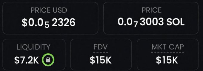A cryptocurrency dashboard displays a token priced at $0.0₅2326 USD (0.0₇3003 SOL) with a $7.2K liquidity, $15K FDV, and $15K market cap. The image appears to showcase the low-cap metrics of a new token, contrasting with the post's claim of massive gains from early entries into similar small-cap crypto plays.