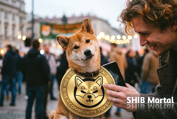 A person holding a phone showing a Shiba Inu dog wearing a large gold 'SHIB INU COMMUNITY TOKEN' medallion, with 'SHIB Mortal' text in the corner.