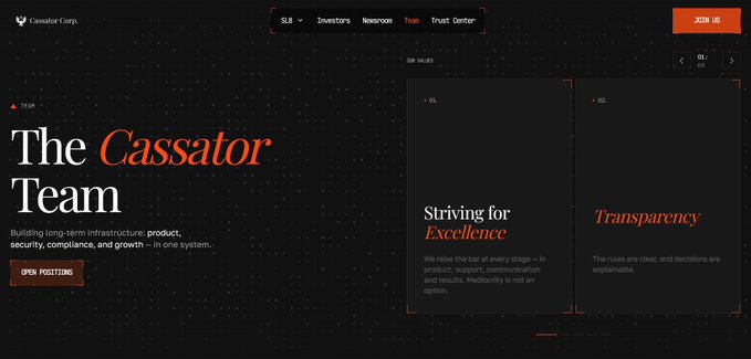 A screenshot of the Cassator Corp. website featuring a dark-themed 'Team' page that highlights their values of 'Striving for Excellence' and 'Transparency' alongside the tagline 'Building long-term infrastructure: product, security, compliance, and growth – in one system.'
