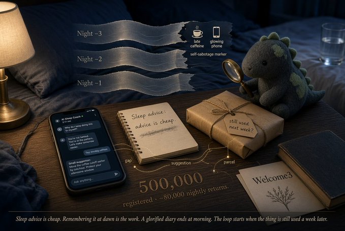 A dark, atmospheric image showing a smartphone, a notebook with 'Sleep advice: advice is cheap.', a wrapped package labeled 'still need next week?', and a stuffed dinosaur, with text mentioning '500,000 registered' and 'Night -1, -2, -3'.