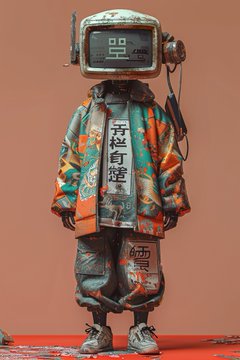 A small robot or figure wearing a colorful orange and teal Japanese-style outfit with kanji characters and a TV monitor for a head displaying a digital face.