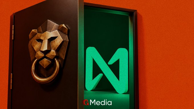 A digital art composition featuring a bronze lion head door knocker on a dark door next to a green glowing stylized 'M' logo, with 'IQ Media' text at the bottom against an orange background.