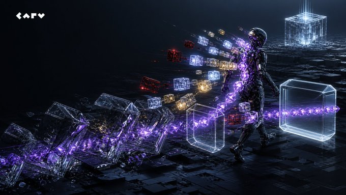 The image features the "CARV" logo in the top-left corner alongside a futuristic, armored humanoid figure walking across a dark, digital landscape, surrounded by glowing transparent cubes and streams of purple and multicolored data blocks that appear to flow into or emerge from the figure. This visual metaphor of interconnected data cubes and a central identity figure directly illustrates the post's message about CARV ID unifying fragmented wallet identities into one persistent, bound reputation that prevents the "fresh wallet" problem scammers exploit.