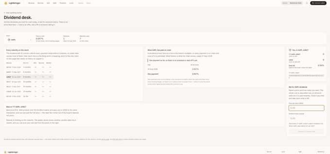 A Lightbagger website showing a 'Dividend desk' with account stats, a history table of ticker payments (USDT, WBTC, EZBC, etc.), and a swap ETH to ezBC panel.