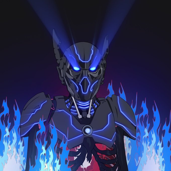 A digital illustration of a dark robotic/cyborg figure with glowing blue neon lines across its face and body, surrounded by blue flames against a dark background.