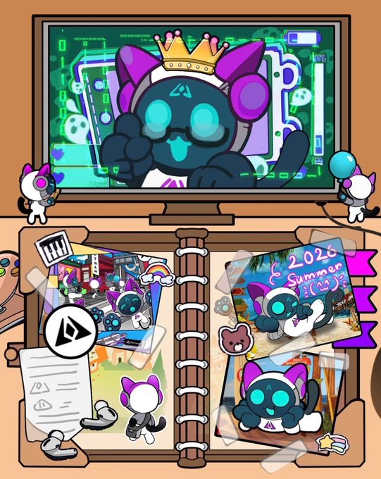 The image shows a digital scrapbook featuring a crowned, blue robotic cat mascot wearing headphones displayed on a monitor, surrounded by photos including one labeled "2026 Summer" with the same mascot enjoying a beach scene. This relates to the post's message by visually representing how communities preserve shared memories while highlighting GenLayer's role in building something new—a fitting metaphor for evolving blockchain consensus from deterministic execution toward innovative systems, as both creating memories and shaping technology require community participation.