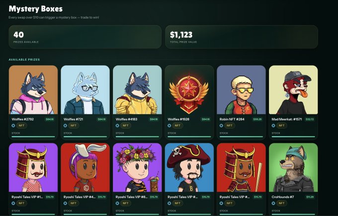 A 'Mystery Boxes' NFT marketplace page showing 40 prizes available with a total prize value of $1,123, featuring various NFT characters including Wolfies, Robin NFT, and Ryoshi Tales.