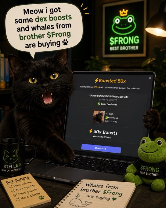 A meme-style image of a black cat shouting 'Meow i got some dex boosts and whales from brother $Frong are buying,' surrounded by $FRONG branding, a frog plush, and a $STELLA boost pack confirmation screen.