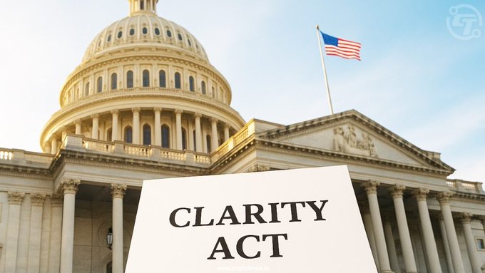 The image shows the U.S. Capitol building with an American flag flying above it, with a sign in the foreground reading "CLARITY ACT." This relates to the post about the Senate preparing to release the final draft of the CLARITY Act, which is significant for XRP and cryptocurrency regulation.