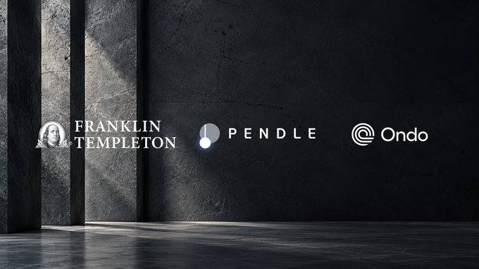 Three company logos—Franklin Templeton, Pendle, and Ondo—are displayed on a dark, textured wall.