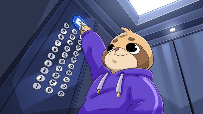 A cartoon sloth in a purple hoodie reaches up to press the 30th-floor button inside an elevator, aligning with the post's request to go to the top floor. The sloth appears calm and content despite the long ride ahead.