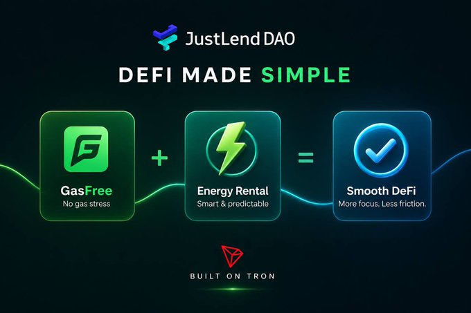 A JustLend DAO promotional graphic reading 'DeFi Made Simple', illustrating GasFree + Energy Rental = Smooth DeFi, built on TRON.